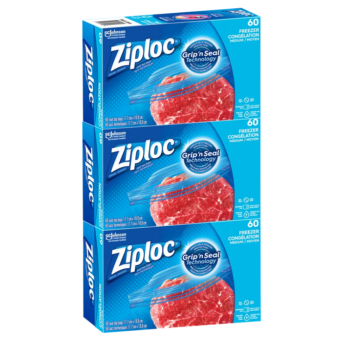 ZIPLOC EASY OPEN FREEZER BAGS MEDIUM, 3 PACKS OF 60
