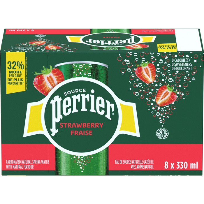 PERRIER CARBONATED SPRING WATER CAN STRAWBERRY, 8 X 330ML