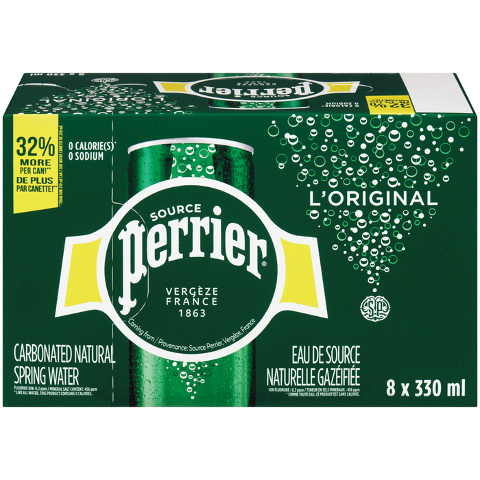 PERRIER CARBONATED NATURAL SPRING WATER CAN, 8 X 330ML