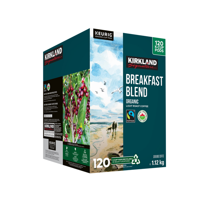 KIRKLAND SIGNATURE, ORGANIC BREAKFAST BLEND FAIR TRADE K-CUP PODS, 120 UNITS