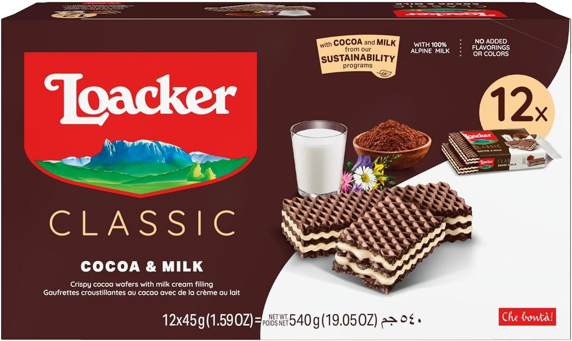 LOACKER, CLASSIC MINI CRISPY WAFERS COCOA & MILK, 12 x 45 G