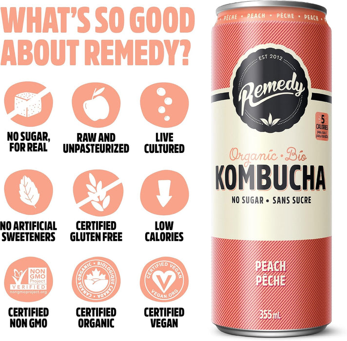 REMEDY KOMBUCHA, PEACH, 6X4X355ML