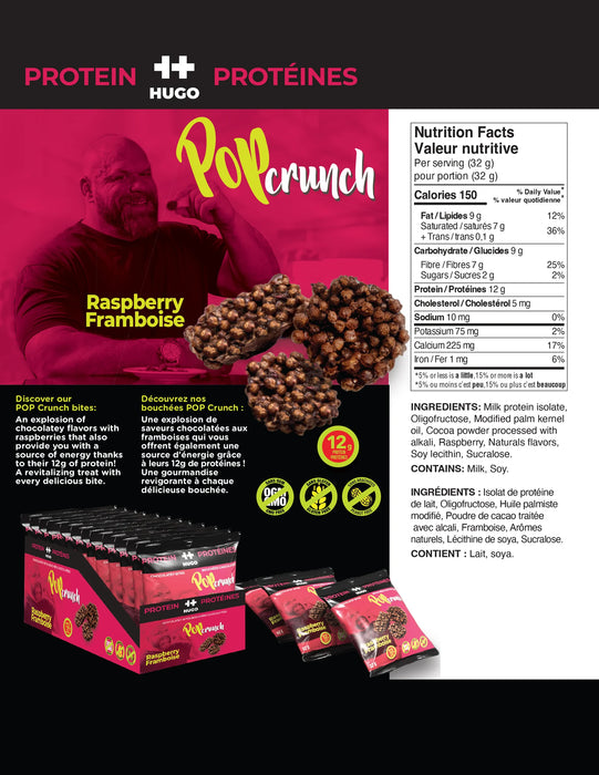 POP CRUNCH CHOCOLATEY BITES HUGO PROTEIN RASPBERRY, 12 X 32G