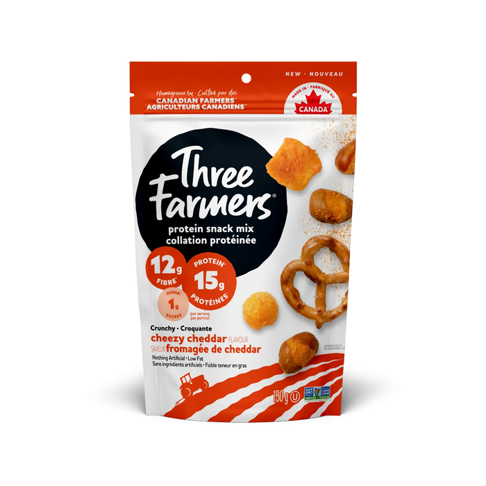 THREE FARMERS, CHEEZY CHEDDAR PROTEIN SNACK MIX , 150 G