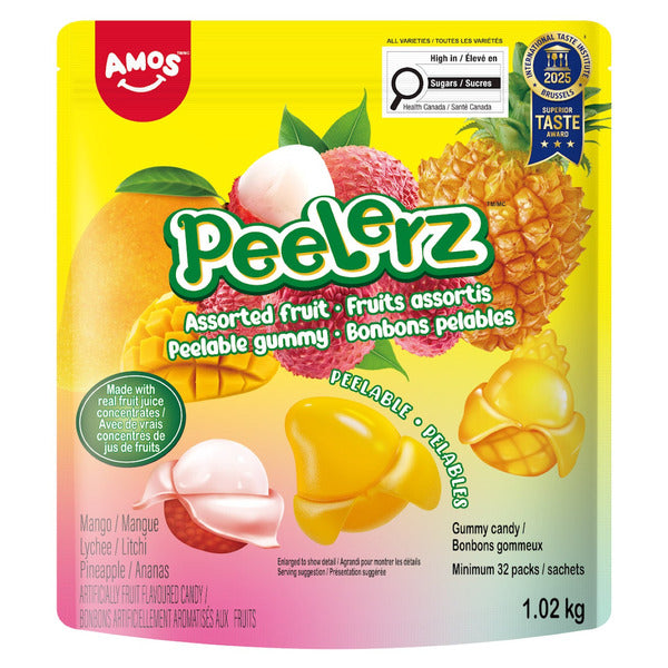 AMOS PEELERZ ASSORTED FRUIT PEELABLE GUMMIES, 33 x 31 g