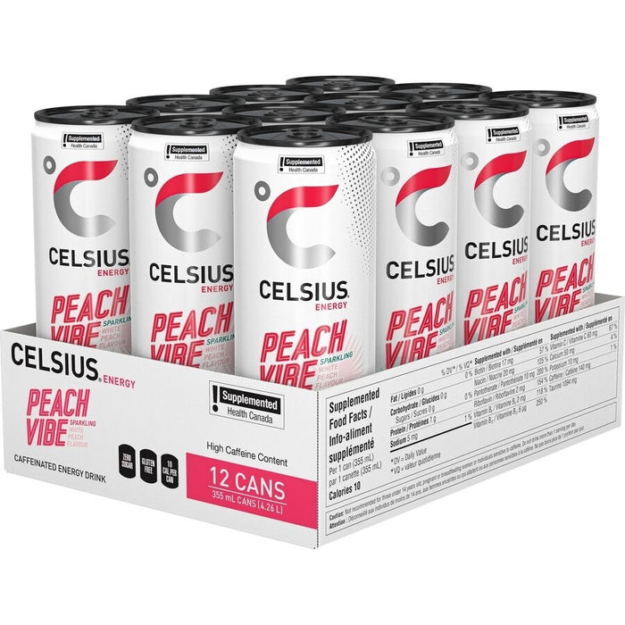 CELSIUS, ENERGY DRINK PEACH VIBE,  12 X 355ML