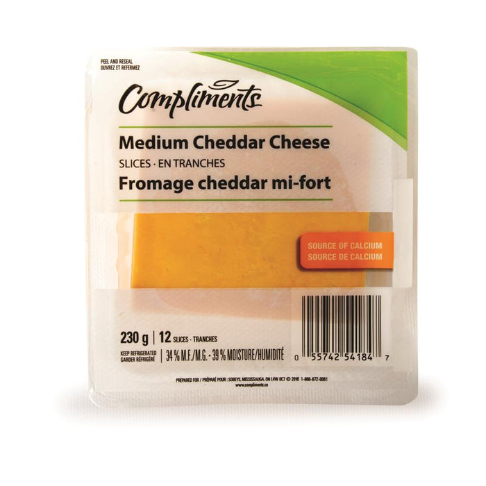 COMPLIMENTS SLICED CHEESE MEDIUM CHEDDAR, 230G