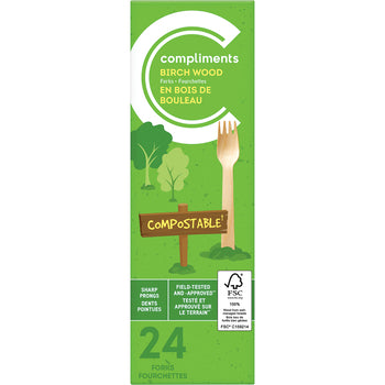 COMPLIMENTS COMPOSTABLE BIRCH WOOD FORKS, PACK OF 24