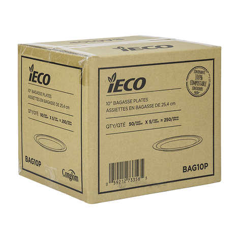 IECO 10-IN 100% COMPOSTABLE BAGASSE PLATES,  5 PACKS OF 50
